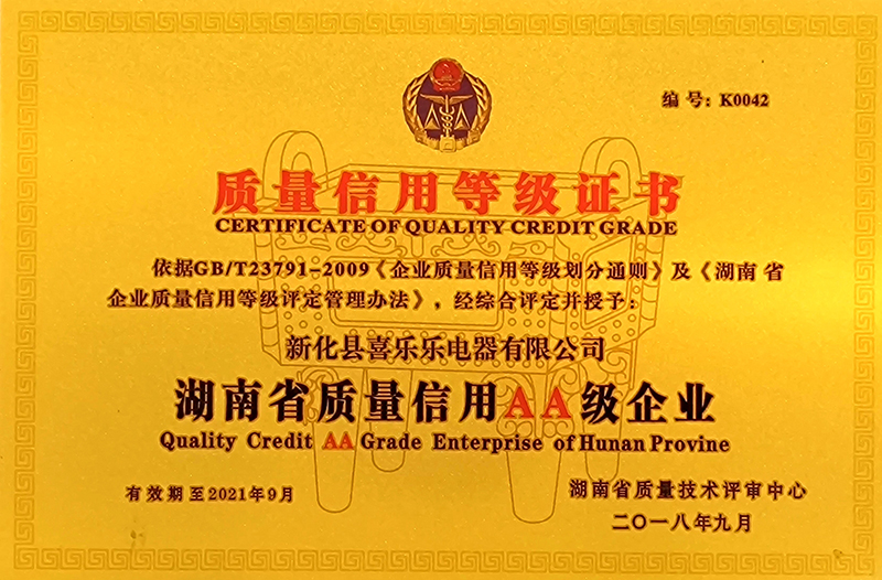 喜乐乐质量信用等级证书